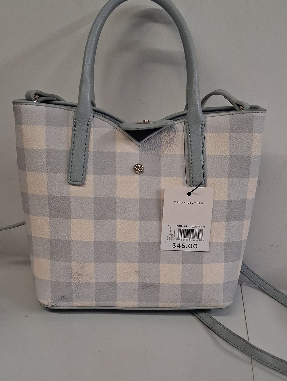 NWT Lauren Conrad Checked Vegan Leather Tote Bag in Light Blue and White